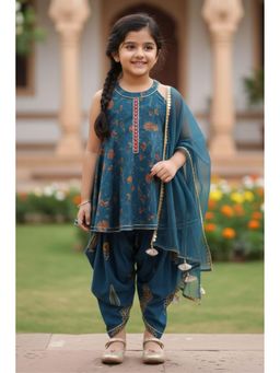 Lagorii - Teal Blue Printed Kurti with Dhoti and Dupatta