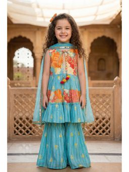 Lagorii - Blue Floral Tiered Kurta and Palazzo with Dupatta