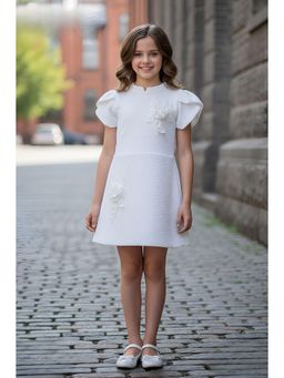 Lagorii - White Textured A-Line Dress with Floral Applique