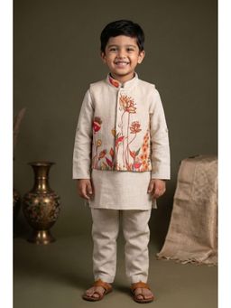 Lagorii - Beige Kurta and Pajama with Floral Nehru Jacket
