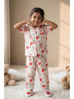 Lagorii - Off White Strawberry Floral Printed Shirt and Pyjama