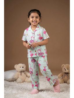 Lagorii - Mint Green Flamingo Print Cotton Shirt and Pyjama