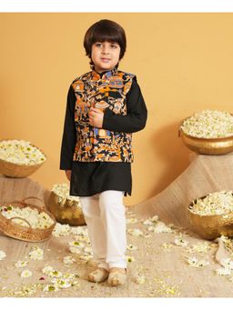 AJ Dezines - Black Printed Kurta and Pyjama with Waist Coat