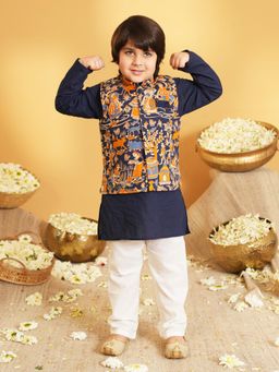 AJ Dezines - Navy-Blue Printed Kurta and Pyjama with Waist Coat