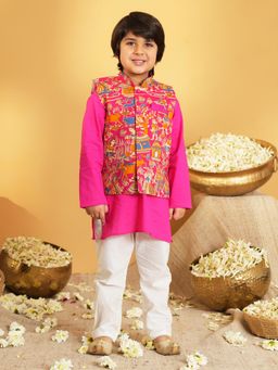 AJ Dezines - Pink Printed Kurta and Pyjama with Waist Coat