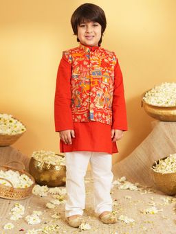 AJ Dezines - Red Printed Kurta and Pyjama with Waist Coat