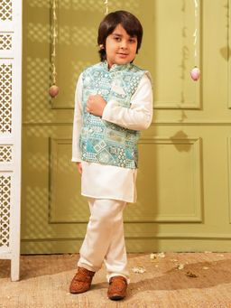 AJ Dezines - Sky Blue Printed Kurta and Pyjama with Waist Coat