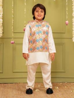 AJ Dezines - Blue Printed Cotton Blend Kurta and Pyjama with Waist Coat