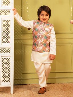 AJ Dezines - Pink Printed Cotton Blend Kurta and Pyjama with Waist Coat