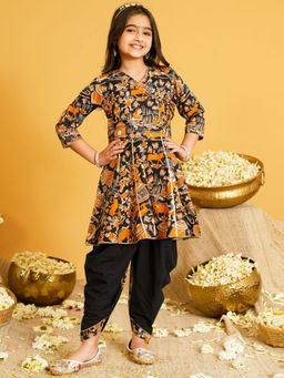 AJ Dezines - Black Printed and Lace Work Pure Cotton Kurti and Dhoti
