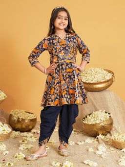 AJ Dezines - Navy Blue Printed and Lace Work Pure Cotton Kurti and Dhoti