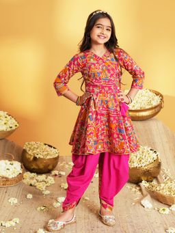 AJ Dezines - Pink Printed and Lace Work Pure Cotton Kurti and Dhoti