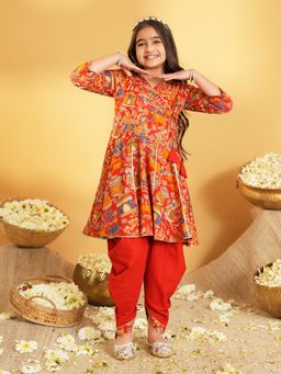 AJ Dezines - Red Printed and Lace Work Pure Cotton Kurti and Dhoti