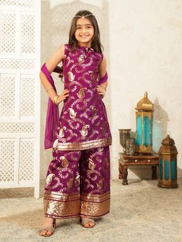 AJ Dezines - Wine Jacquard Brocade Kurti and Palazzo with Dupatta