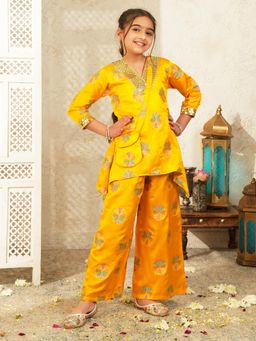 AJ Dezines - Yellow Floral Embroidered Kurti and Palazzo with Sling Bag