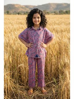 SAY - Purple Collar Neck Floral Print Cotton Co-Ord Set