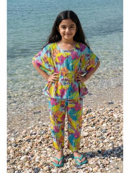 SAY - Turquoise Round Neck Floral Print Cotton Co-Ord Set