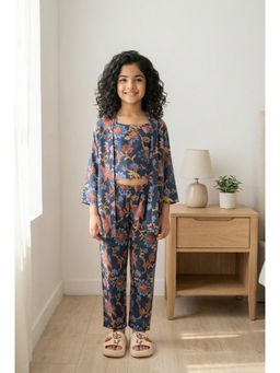 SANSKRUTIHOMES - Blue Round Neck Floral Print Cotton Top and Pyjama with Shrug