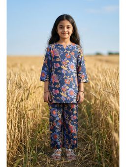 SAY - Navy Blue Round Neck Floral Print Cotton Co-Ord Set