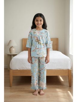 SAY - Blue Round Neck Floral Print Cotton Top and Pyjama