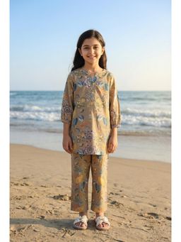 SAY - Beige Round Neck Conversational Print Cotton Co-Ord Set