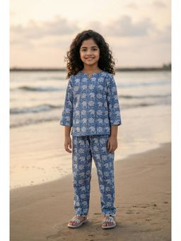 SAY - Blue Round Neck Conversational Print Cotton Co-Ord Set