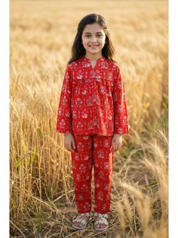 SAY - Red Mandarin Neck Floral Print Cotton Co-Ord Set