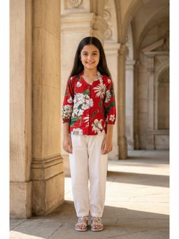 SAY - Maroon V-Neck Floral Print Cotton Shirt and Pant