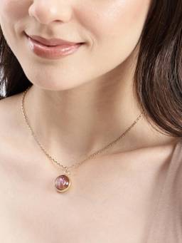 Carlton London - Gold Plated Floral Pink Stone Round Pendant with Chain