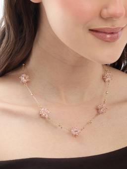 Carlton London - Gold Plated Dainty Rose Pink Beaded Floral Necklace