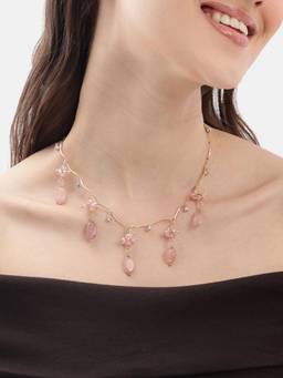 Carlton London - Gold Plated Dainty Rose Pink Beaded Floral Wave Necklace