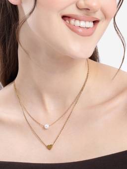 Carlton London - 18Kt Gold Plated Pearl And Heart Layered Necklace