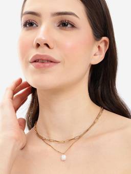 Carlton London - Gold Plated Modern Dangling Organic Pearl And Paperclip Chain Layered Necklace