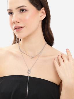 Carlton London - Silver Plated Dangling Bar And Interlinked Ring Lariat Layered Necklace