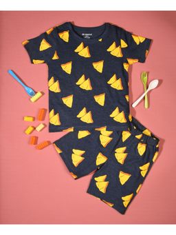 Be Awara - Half Sleeves Cotton T-shirt & Shorts Samosa Print Dark Blue (Set of 2)
