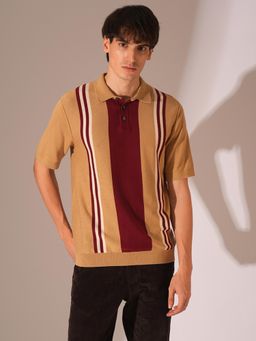 Selected - Brown Organic Cotton Colourblocked Polo T-Shirt