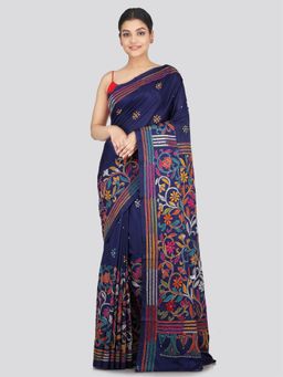 PinkLoom - Women's Silk Katha Stich Saree Navy Blue with Unstitched Blouse