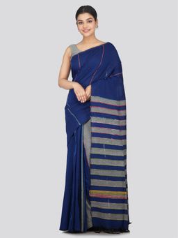 PinkLoom - Women's Cotton Khesh Saree Navy Blue with Unstitched Blouse