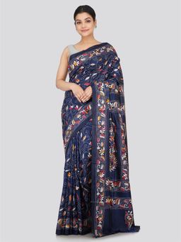 PinkLoom - Women's Silk Katha Stich Saree Navy Blue with Unstitched Blouse