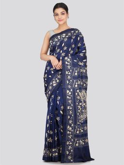 PinkLoom - Women's Silk Katha Stich Saree Navy Blue with Unstitched Blouse