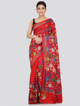 PinkLoom - Women's Silk Katha Stich Saree Red with Unstitched Blouse