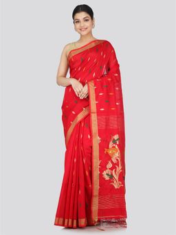 PinkLoom - Women's Cotton Silk Saree Red with Unstitched Blouse