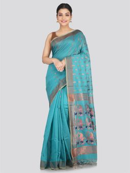PinkLoom - Women's Cotton Silk Saree Turquoise with Unstitched Blouse
