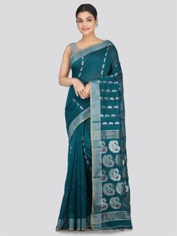 PinkLoom - Women's Cotton Silk Saree Teal with Unstitched Blouse