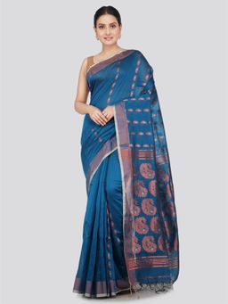 PinkLoom - Women's Cotton Silk Saree Blue with Unstitched Blouse