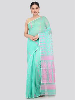 PinkLoom - Women's Soft Cotton Jamdani Saree without Blouse Piece Turquoise