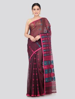 PinkLoom - Women's Soft Cotton Jamdani Saree without Blouse Piece Burgundy