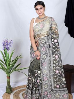 Odette - Olive Organza Embroidered Saree with Unstitched Blouse
