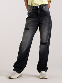 MIXT by Nykaa Fashion - Charcoal Grey Solid Straight Fit Ripped Denim Jeans