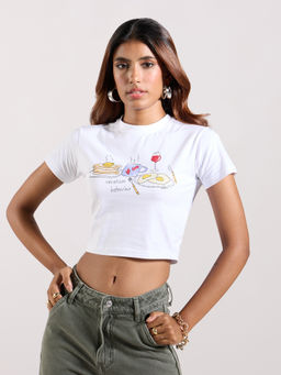 MIXT by Nykaa Fashion - White Graphic Printed Round Neck Fitted Short T-Shirt
